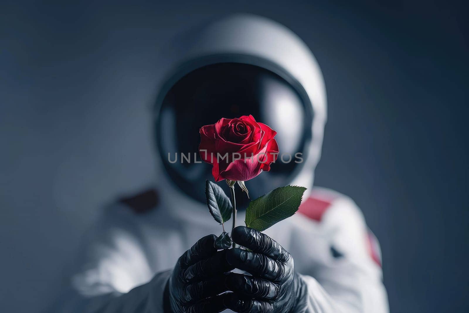 Astronaut holding red rose with blurred background.