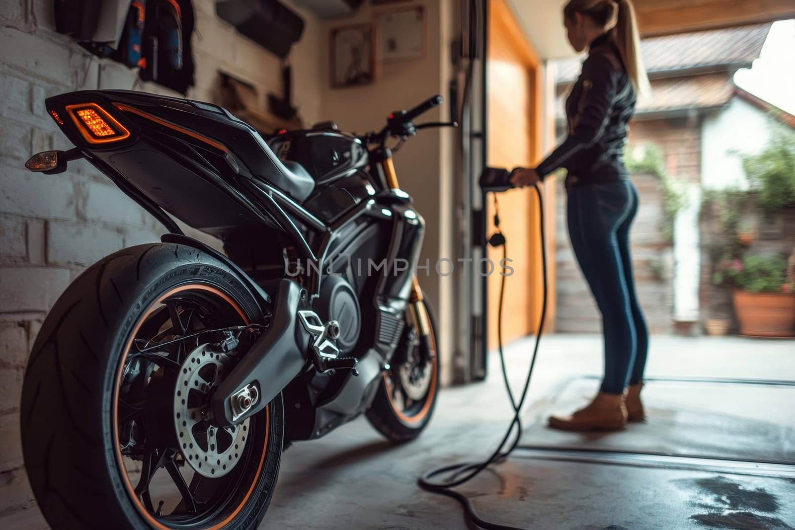 A woman stands in a garage, charging her modern electric motorcycle. The sleek design and urban environment highlight the changing landscape of transportation.