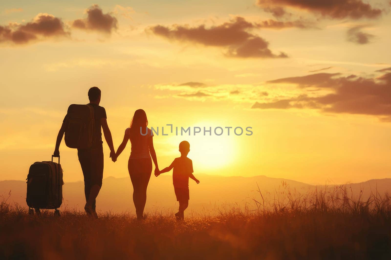 Happy family walking together at sunset, enjoying their vacation.