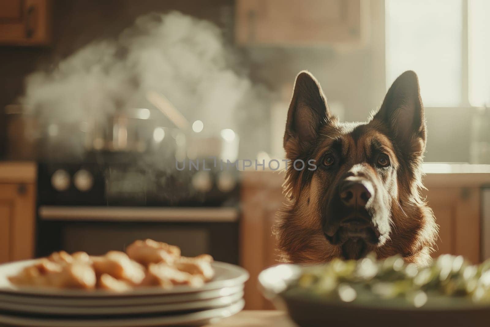 dog watches food cooking on kitchen stove, looking curious.