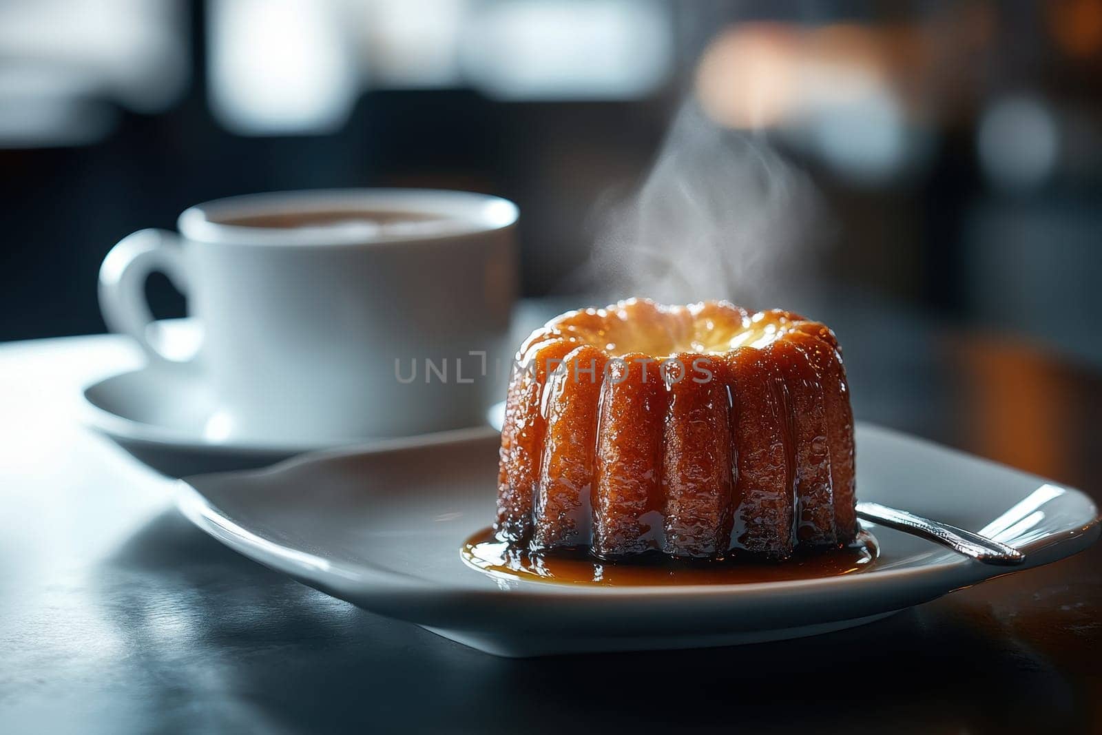 French dessert canele with on a plate with cup of coffee nearby on table . Concept restaurant menu, culinary blog..