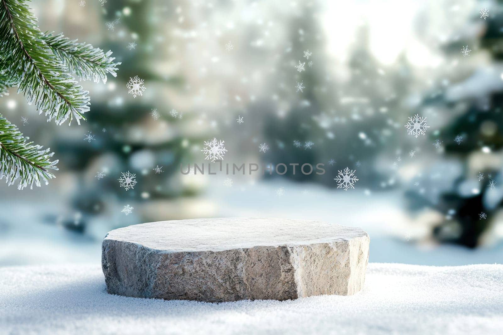 A beautiful natural stone pedestal set on a snowy base, surrounded by a serene winter forest. The scene captures the essence of cold beauty and tranquility.
