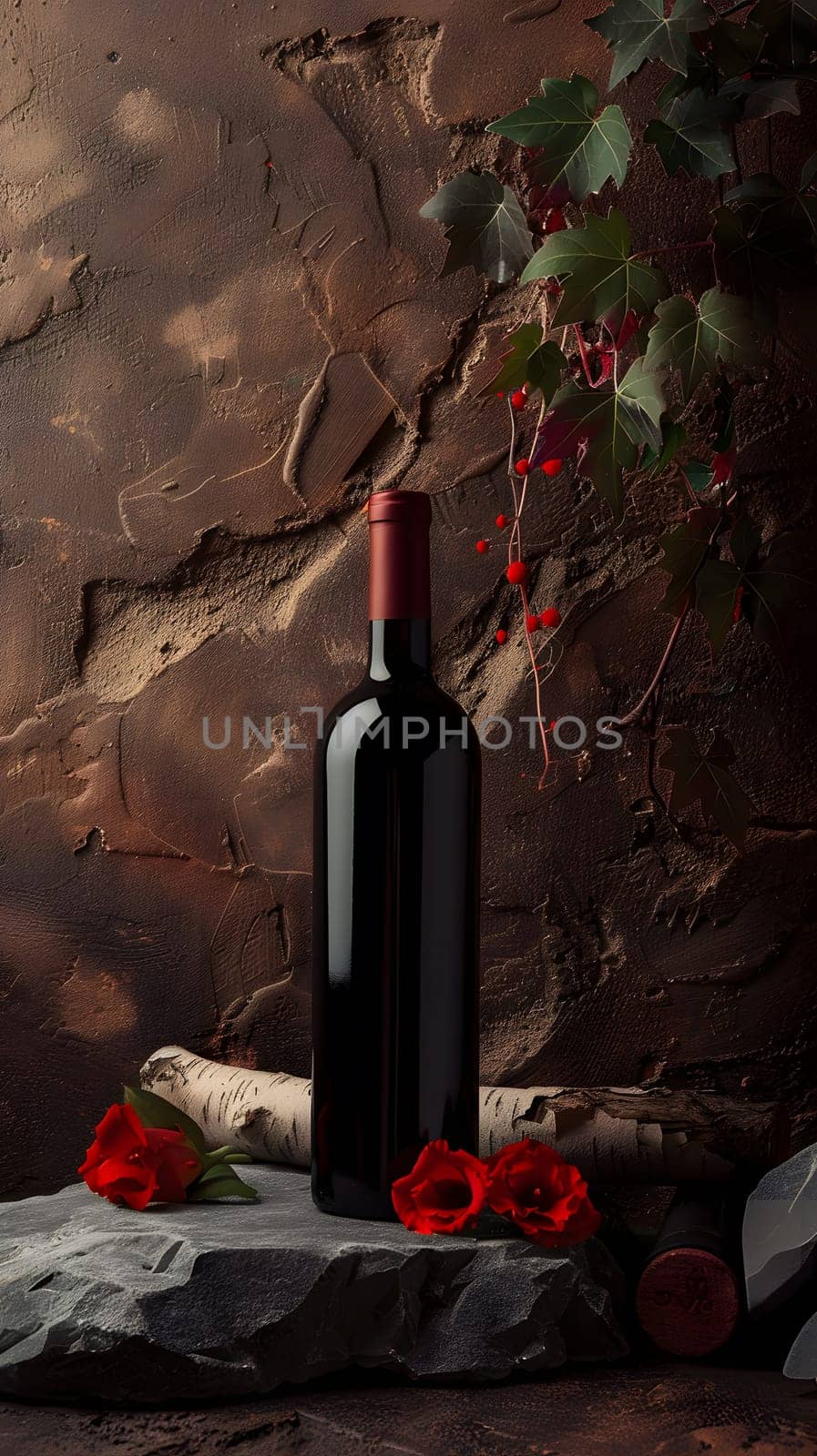 A wine bottle on stone by red roses against a textured wall, blending nature and luxury