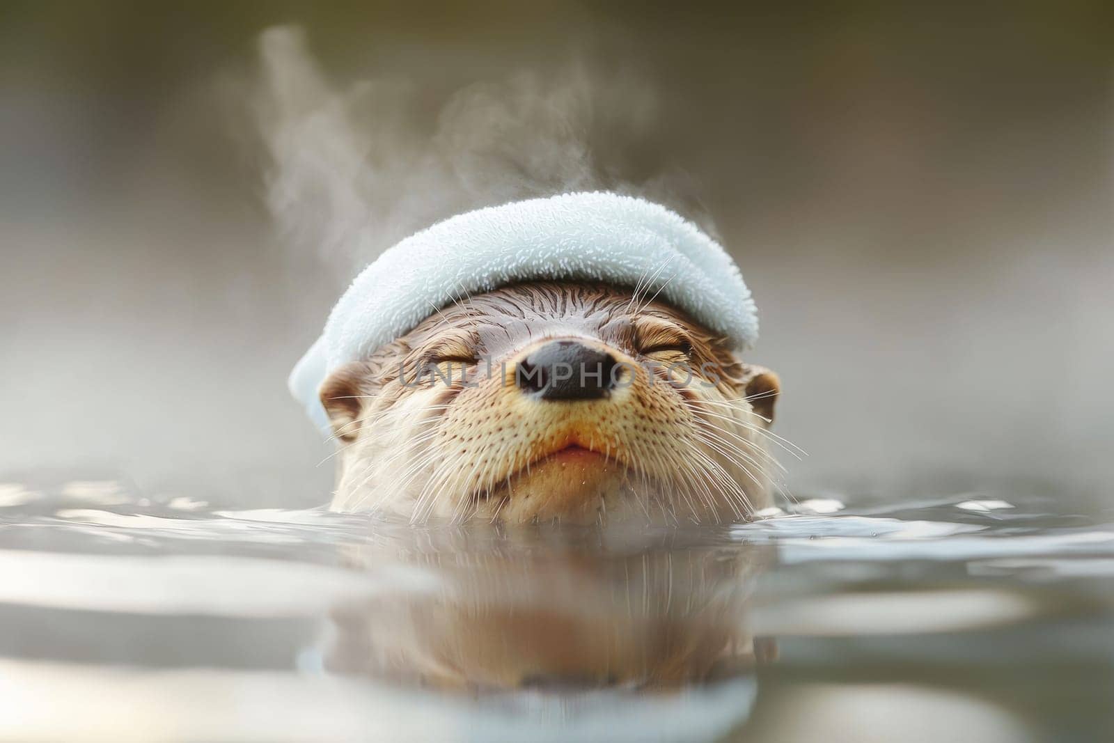 sleepy otter with towel on its head floats in calm water, exuding tranquility.