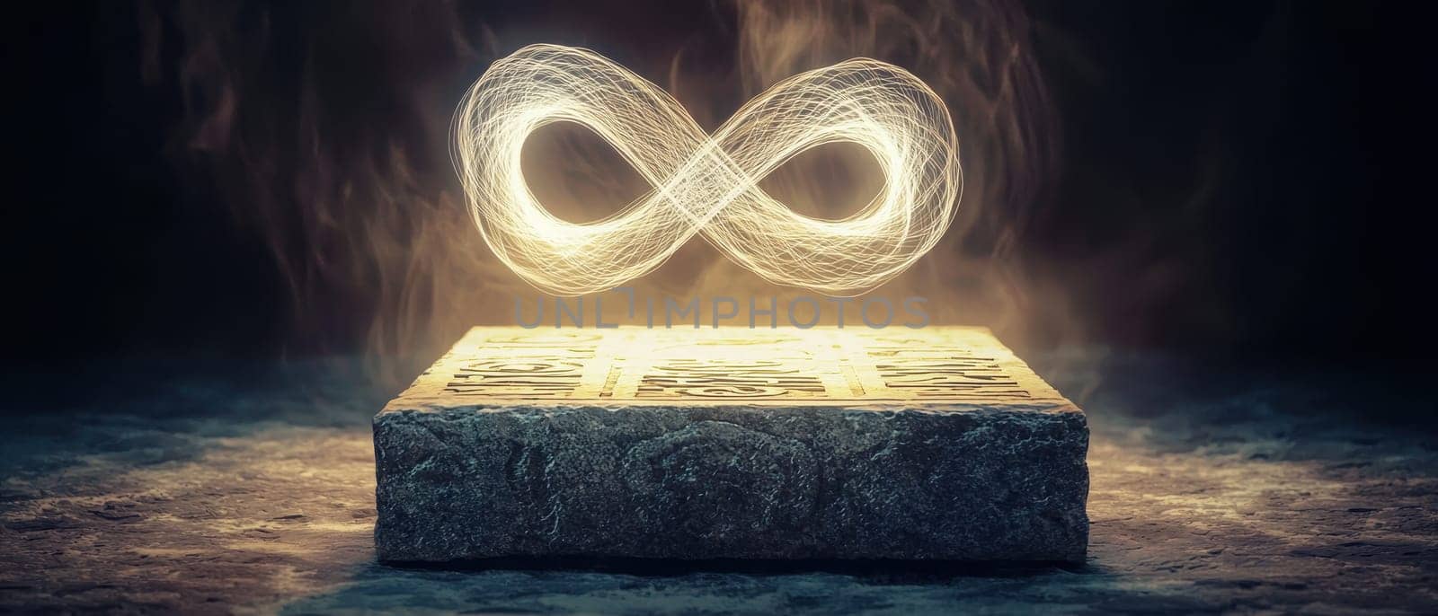 This abstract image features swirling light strands forming an infinity symbol above a textured base, creating a dynamic and ethereal visual.