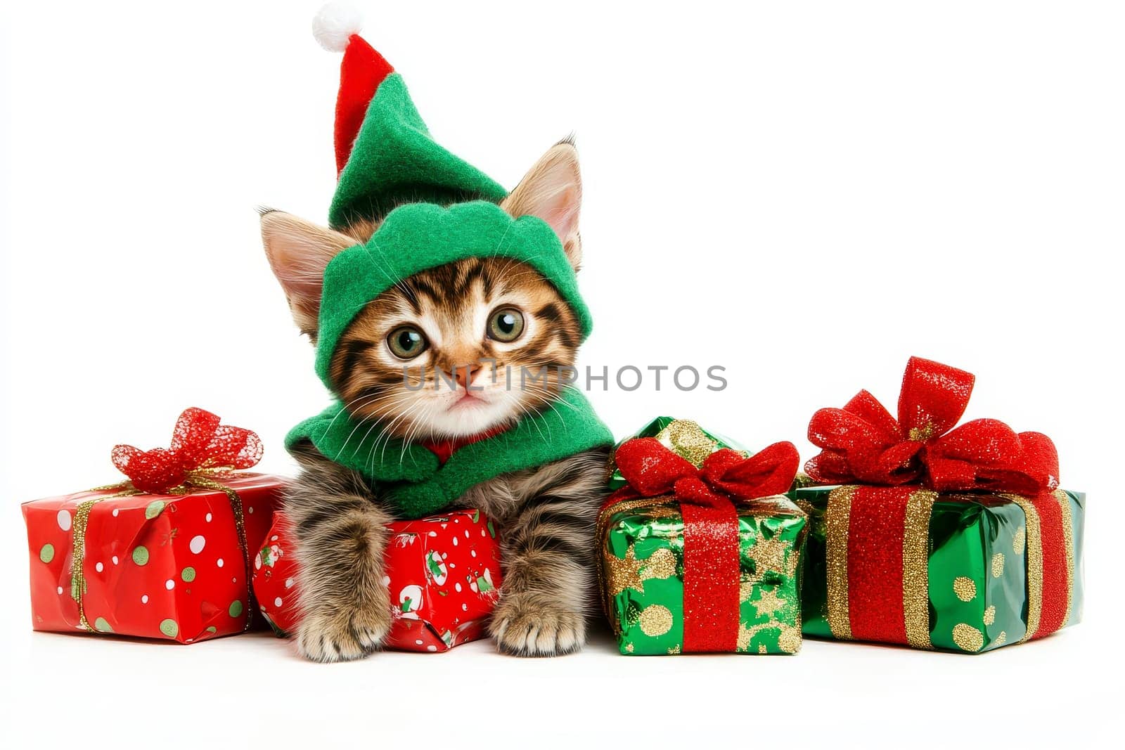 Adorable Kitten in Elf Costume posing with Christmas presents..