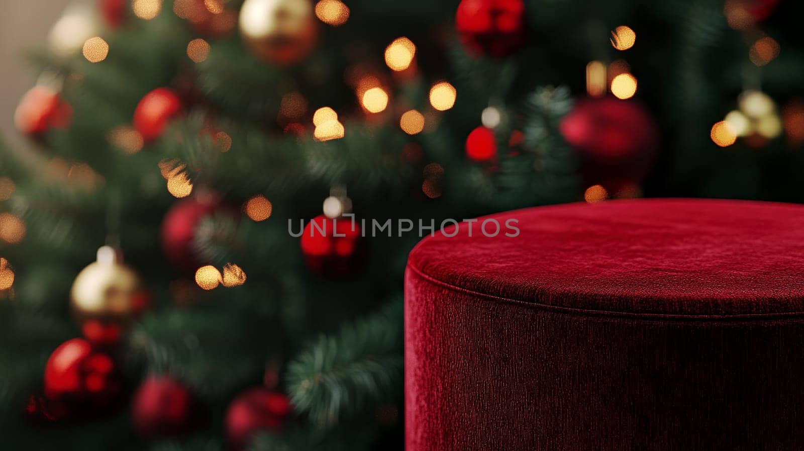 Empty red podium for product photography. Shiny blurred background with bokeh, baubles, decorated Christmas tree and spruce branches. Mockup pedestal on a table..