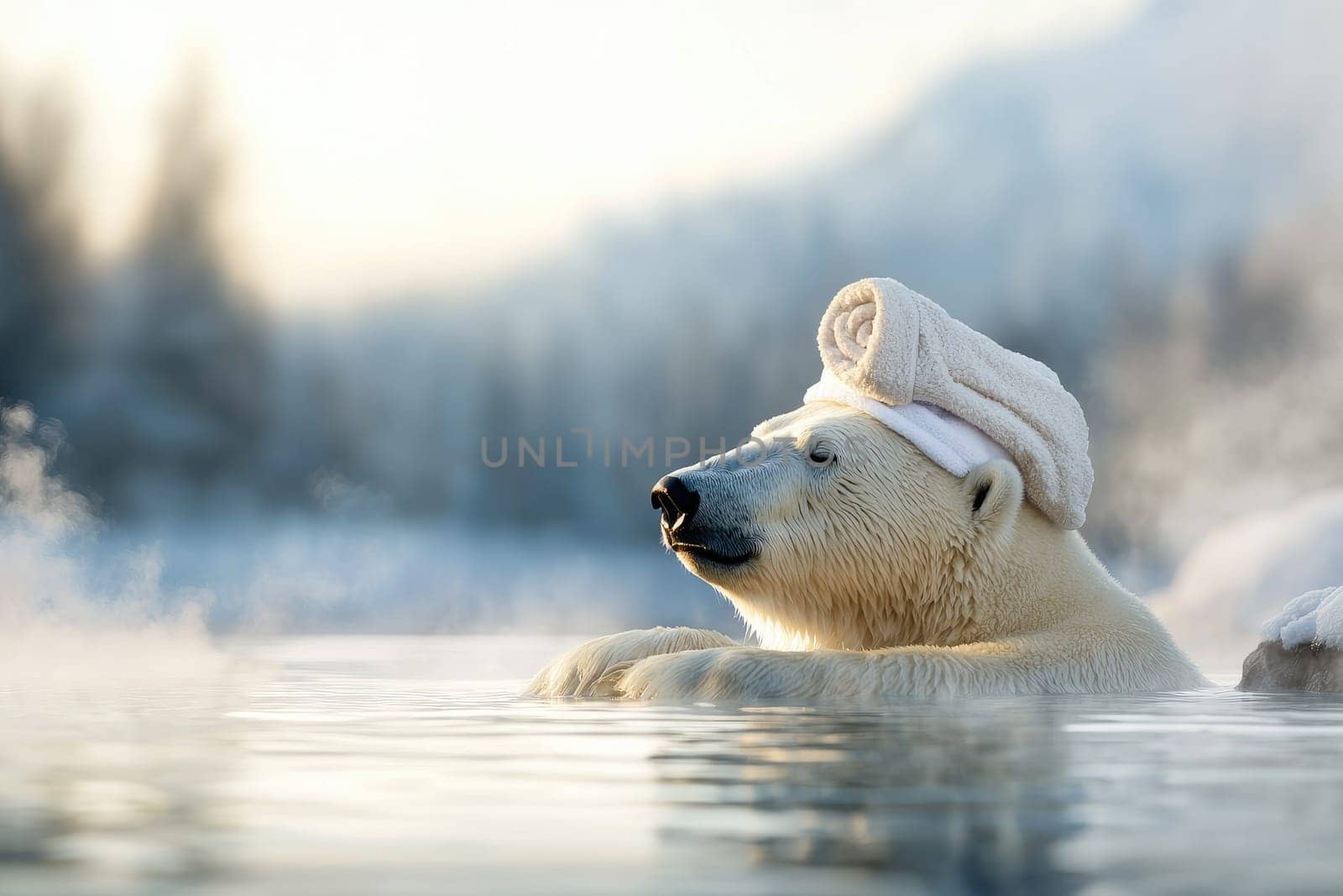 polar bear relaxing in water with towel on its head, exuding calmness.