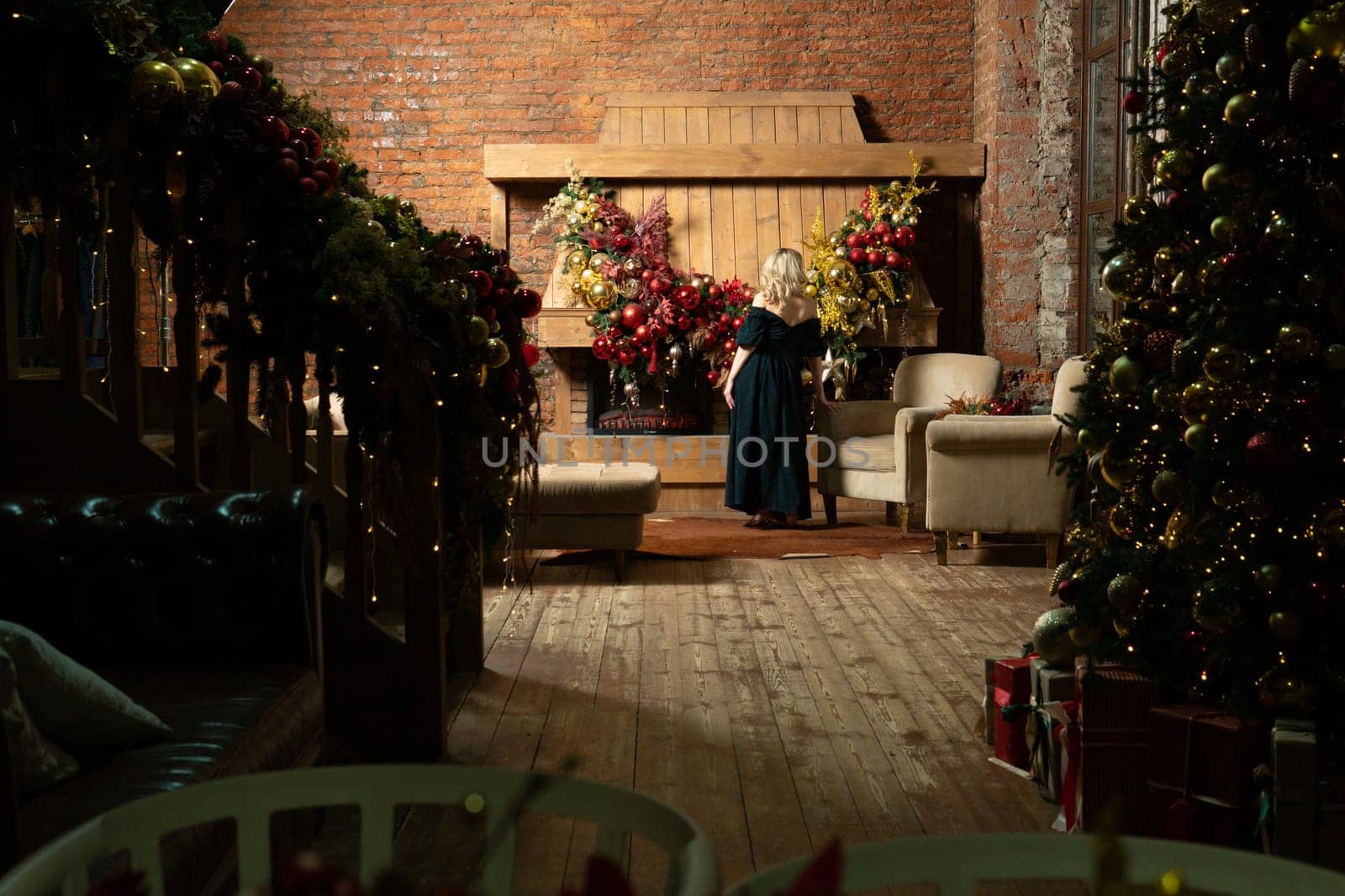 fireplace year christmas tree young holiday alone cozy woman home new girl celebration