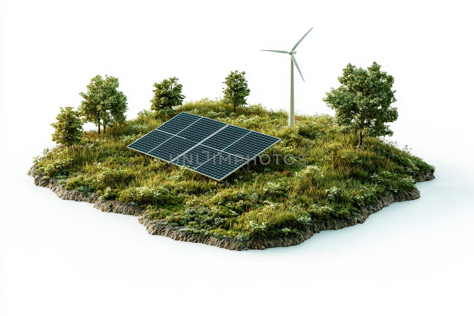 Isometric 3D render of wind turbines solar panels isolated on a white background Depicts alternative renewable power generation and electricity production . High quality illustration