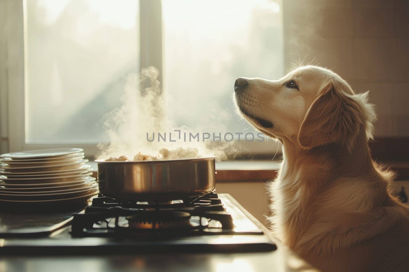 dog curiously watches food cooking on kitchen stove.