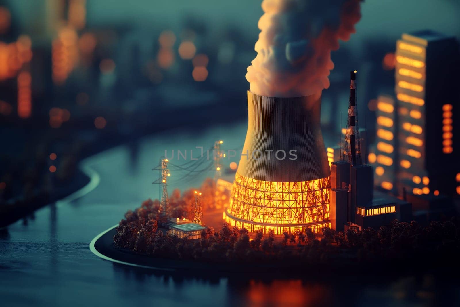 illustration of Nuclear power plant side view full length isolate on transparency background ..