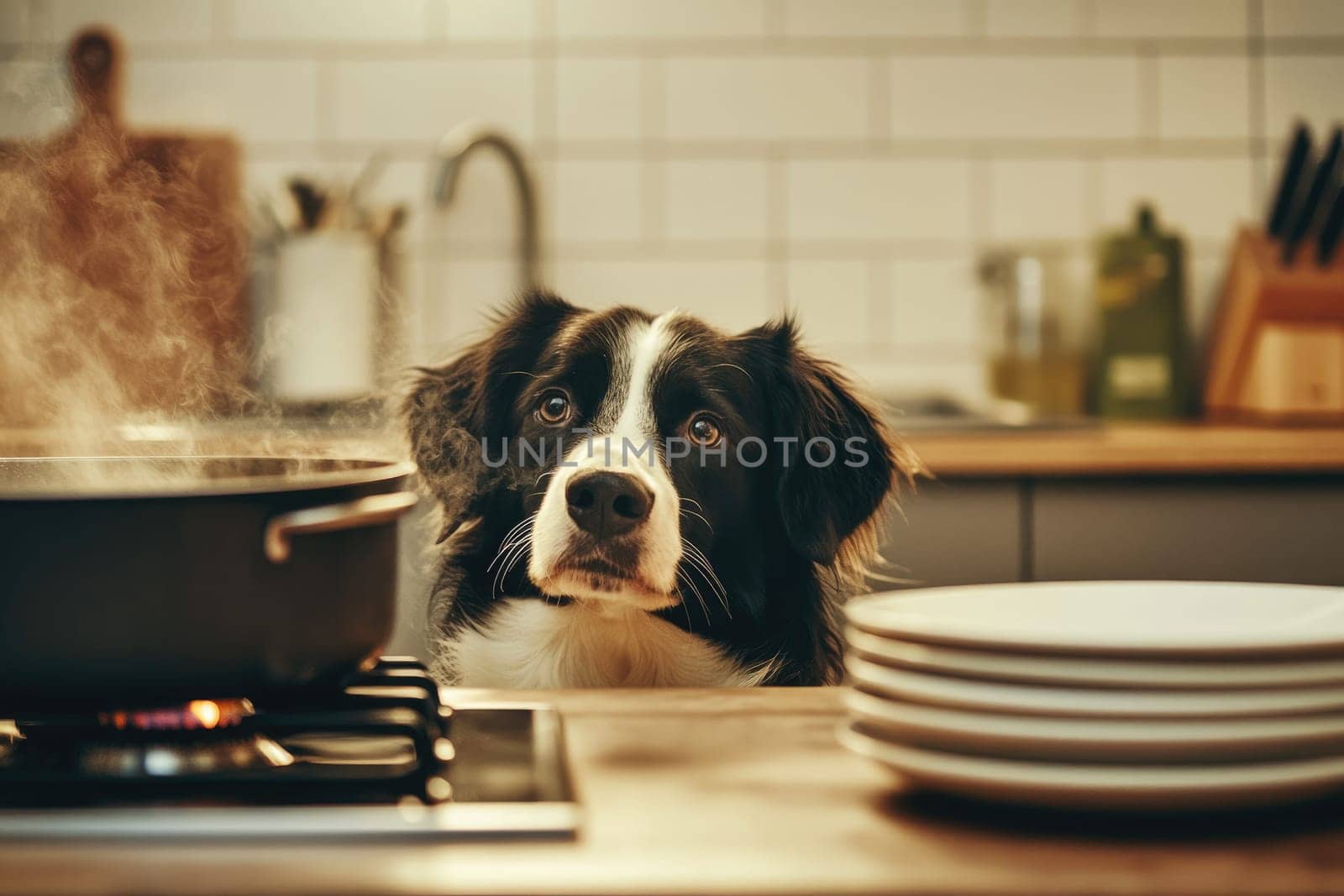 dog curiously watches food cooking on kitchen stove.