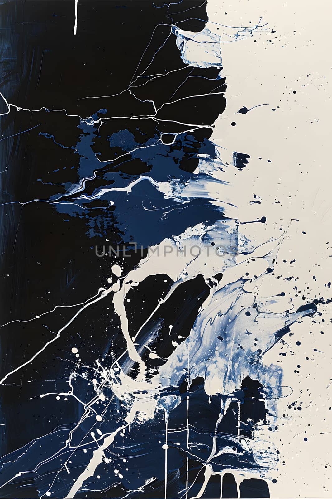 Dynamic abstract art with striking black, white and blue paint splashes