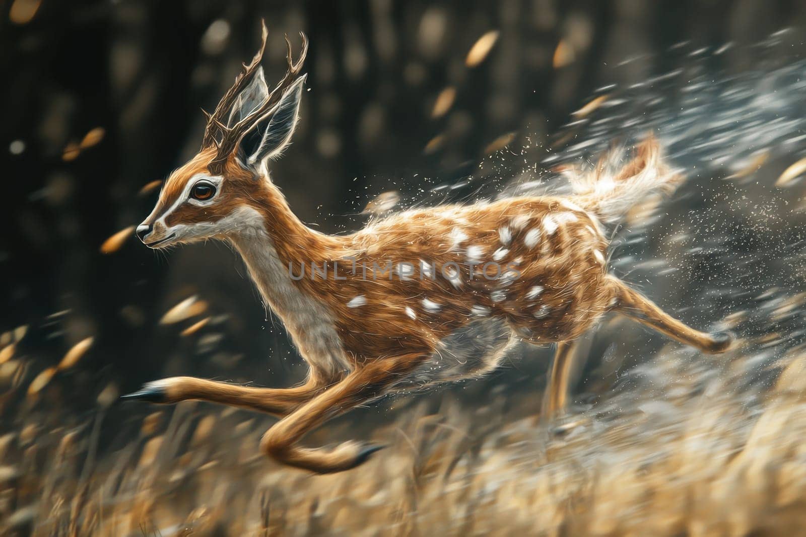 A photorealistic depiction of a dynamic deer sprinting through a natural landscape, showcasing its grace and agility in a vibrant environment.