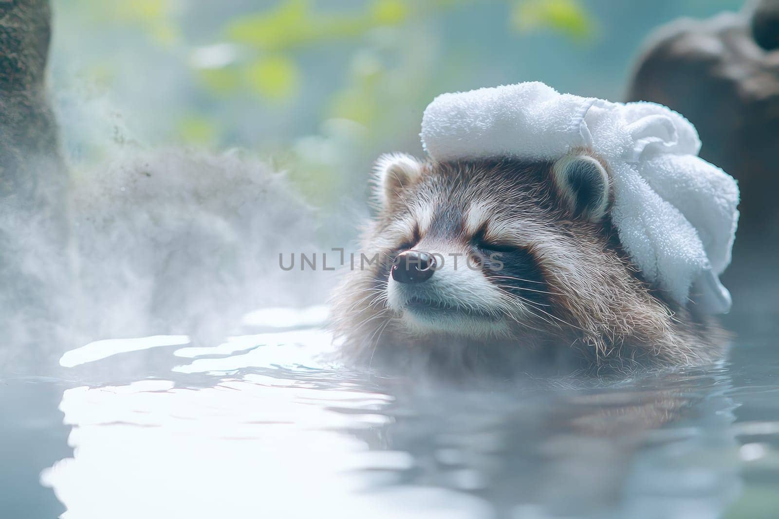 Relaxing raccoon in hot spring with towel on its head, serene atmosphere.
