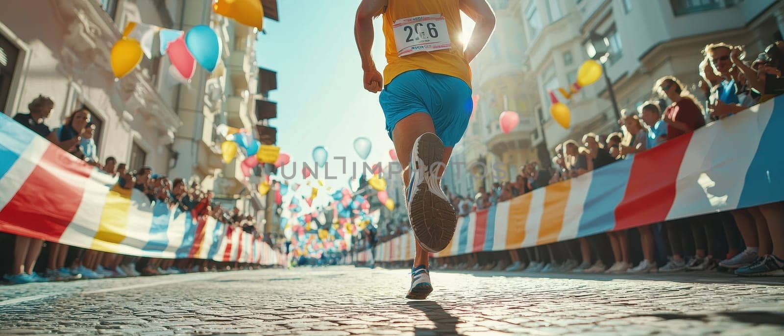 A dynamic close-up shot of a runner racing across the finish line, surrounded by a cheering crowd and colorful decorations. The atmosphere is filled with excitement and energy as the athlete approaches victory.