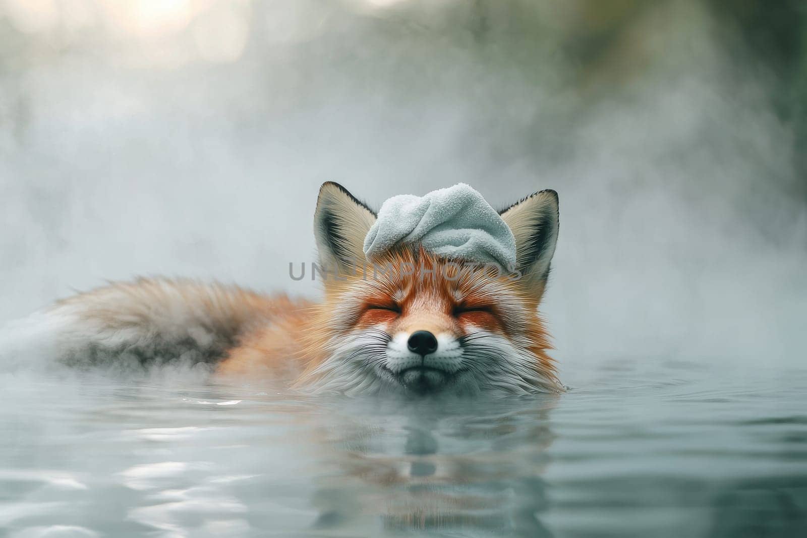 Relaxing fox in water with towel on its head, serene and peaceful.
