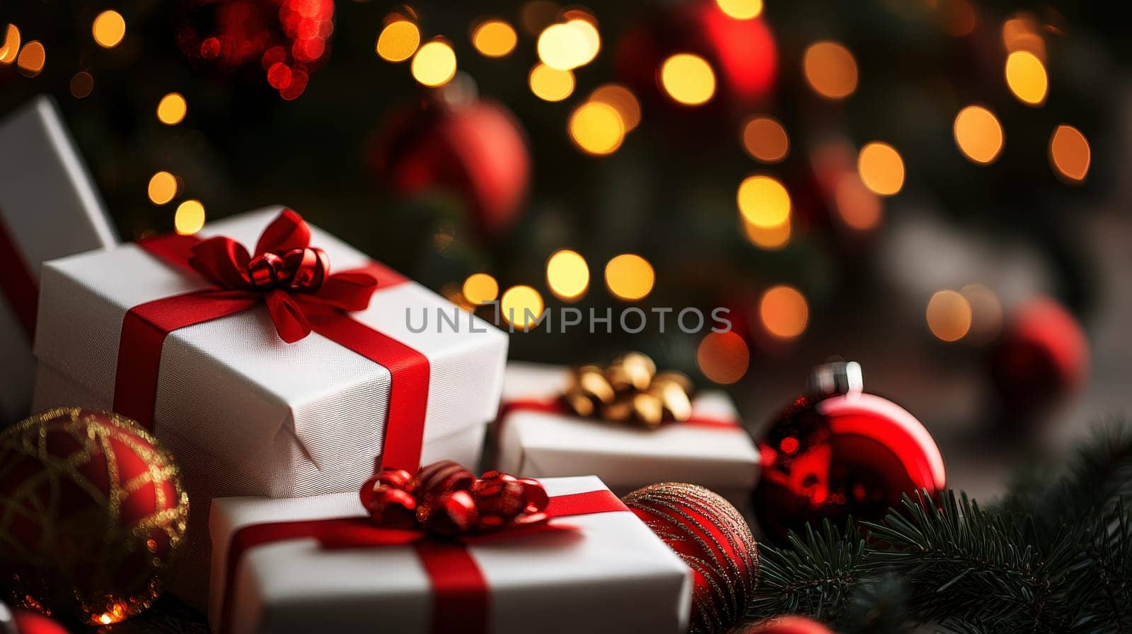 white gift boxes with red ribbon on Shiny blurred background with bokeh, baubles, decorated Christmas tree and spruce branches. Mockup pedestal on a table..