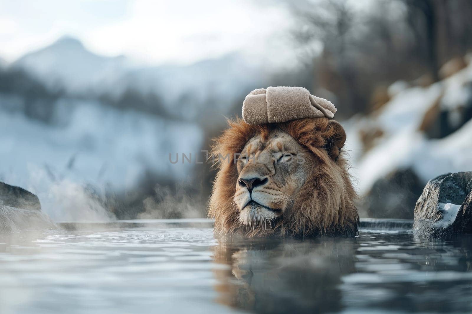 lion relaxing in hot spring with towel on its head, serene and majestic.