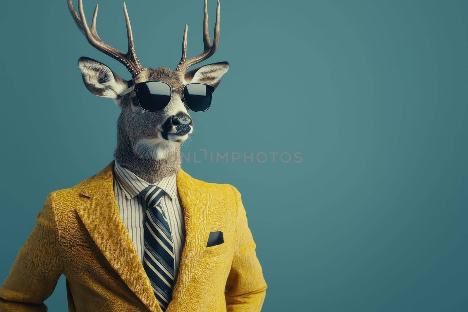 A unique studio portrait of a deer dressed in a yellow suit and sunglasses, blending fashion and wild aesthetics for a fun, playful atmosphere. Ideal for creative projects.