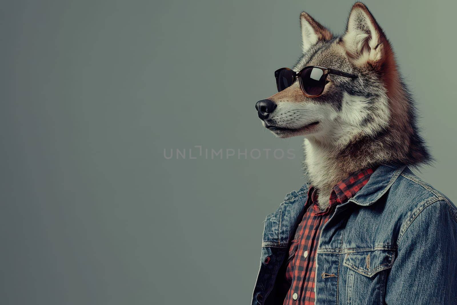 A stylish wolf character wearing sunglasses and a denim jacket poses casually against a muted background, showcasing a unique blend of fashion and wild charm.