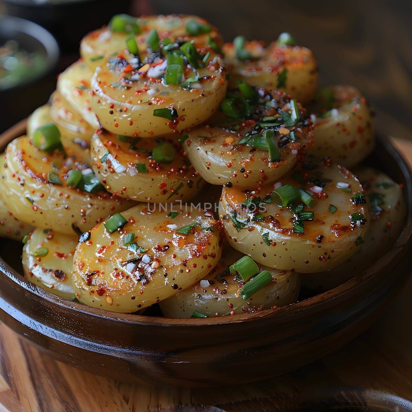 Delicious grilled potato rounds garnished with herbs, spices and green onions