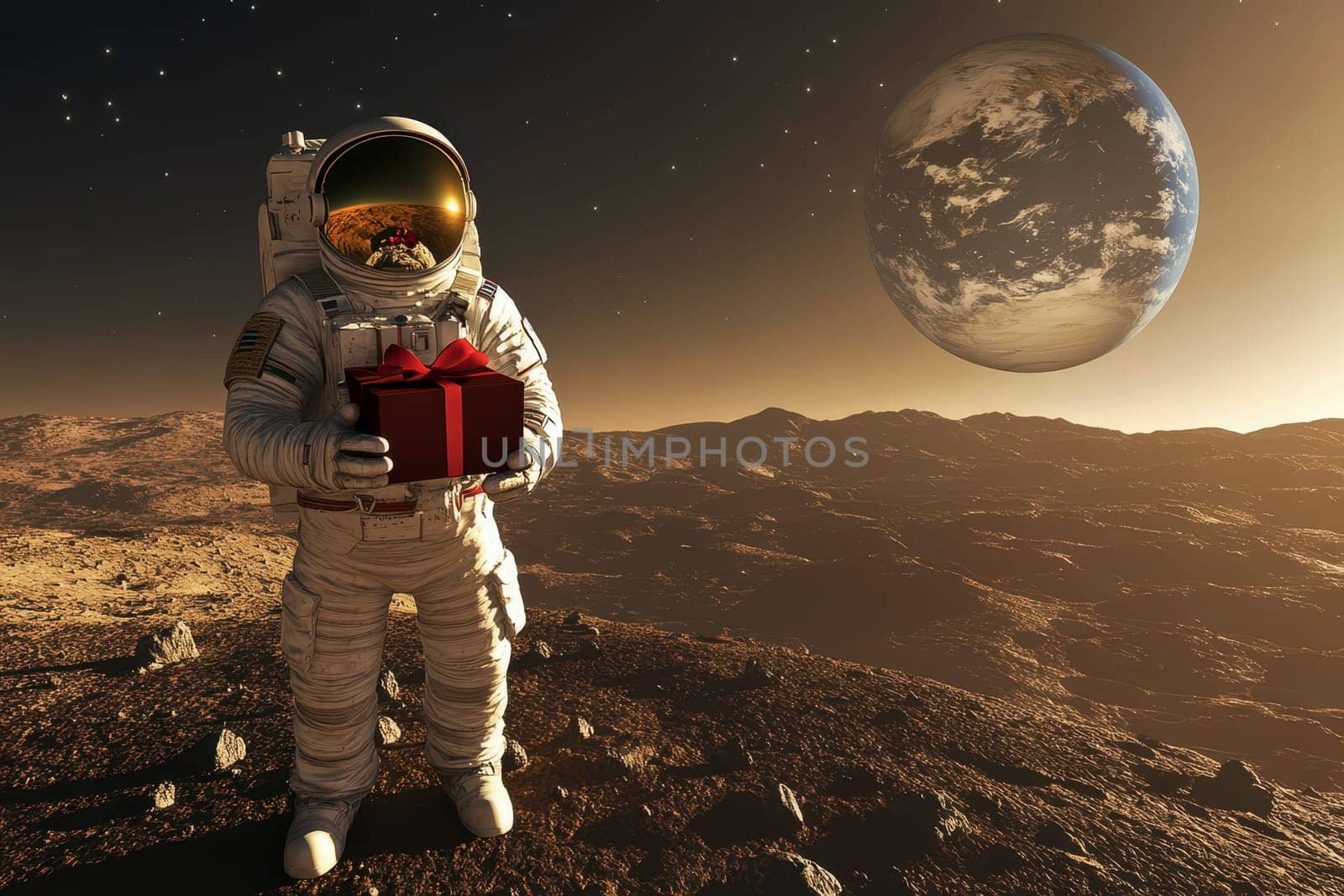 astronaut holding Christmas gift box on space background.