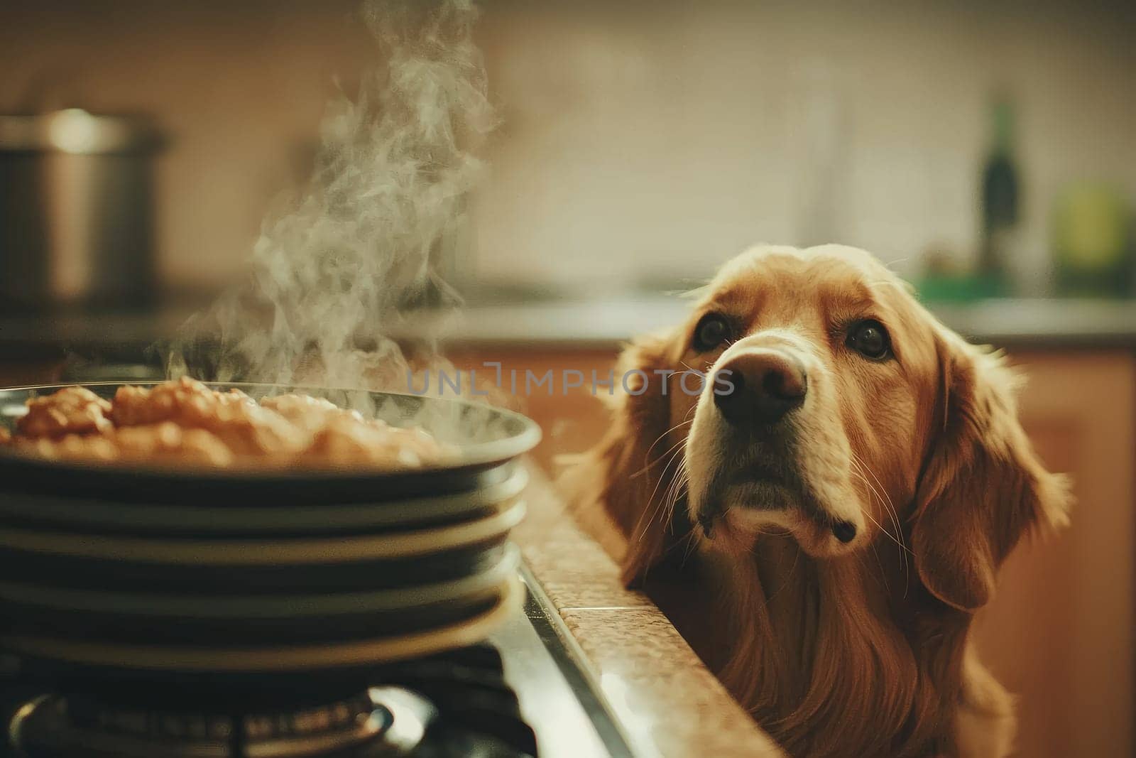 dog curiously watches food cooking on kitchen stove.