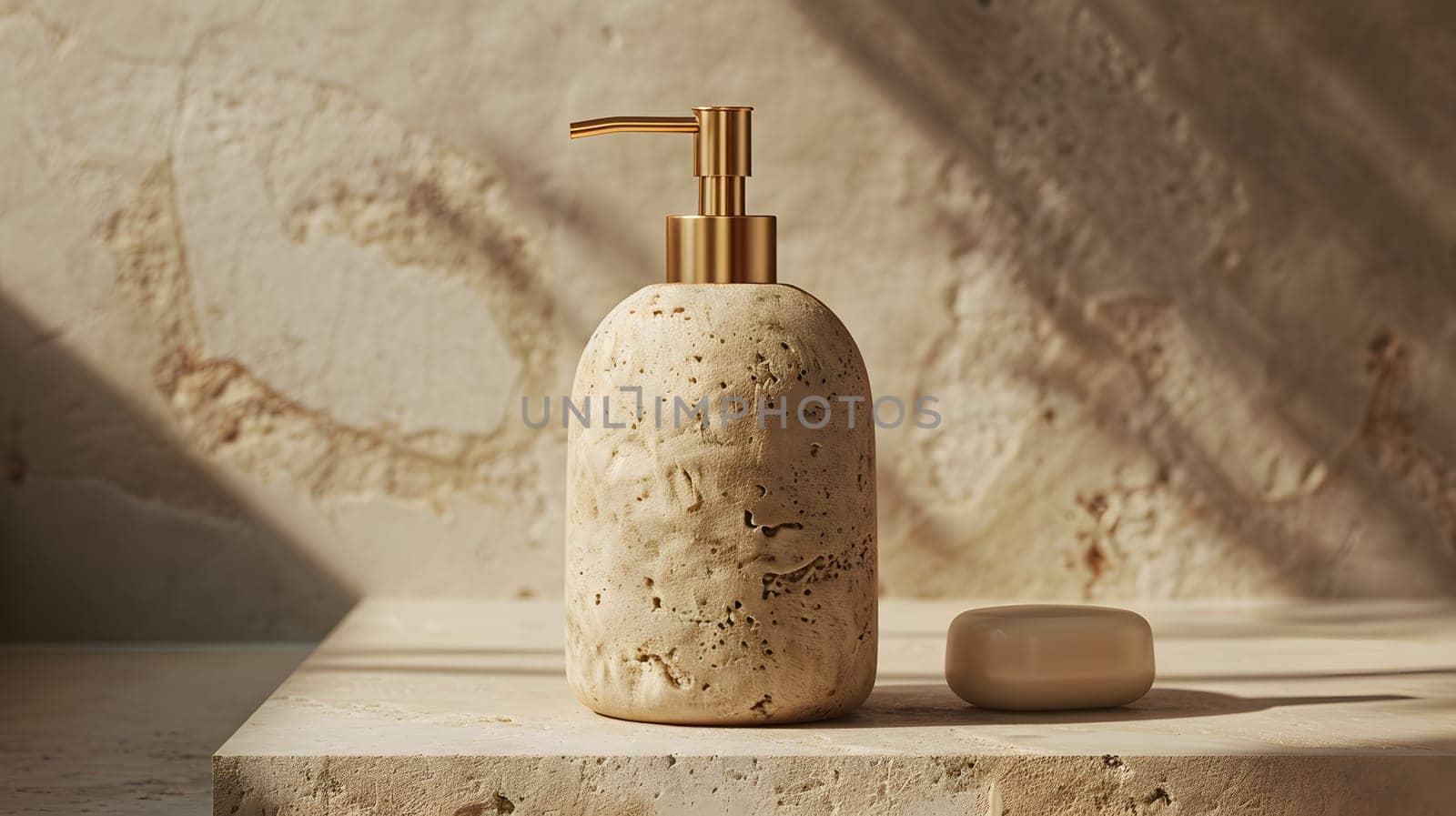 A rectangular hardwood countertop with a soap dispenser and a bar of soap on top. The wood is complemented by a metal faucet and a cork soap dish