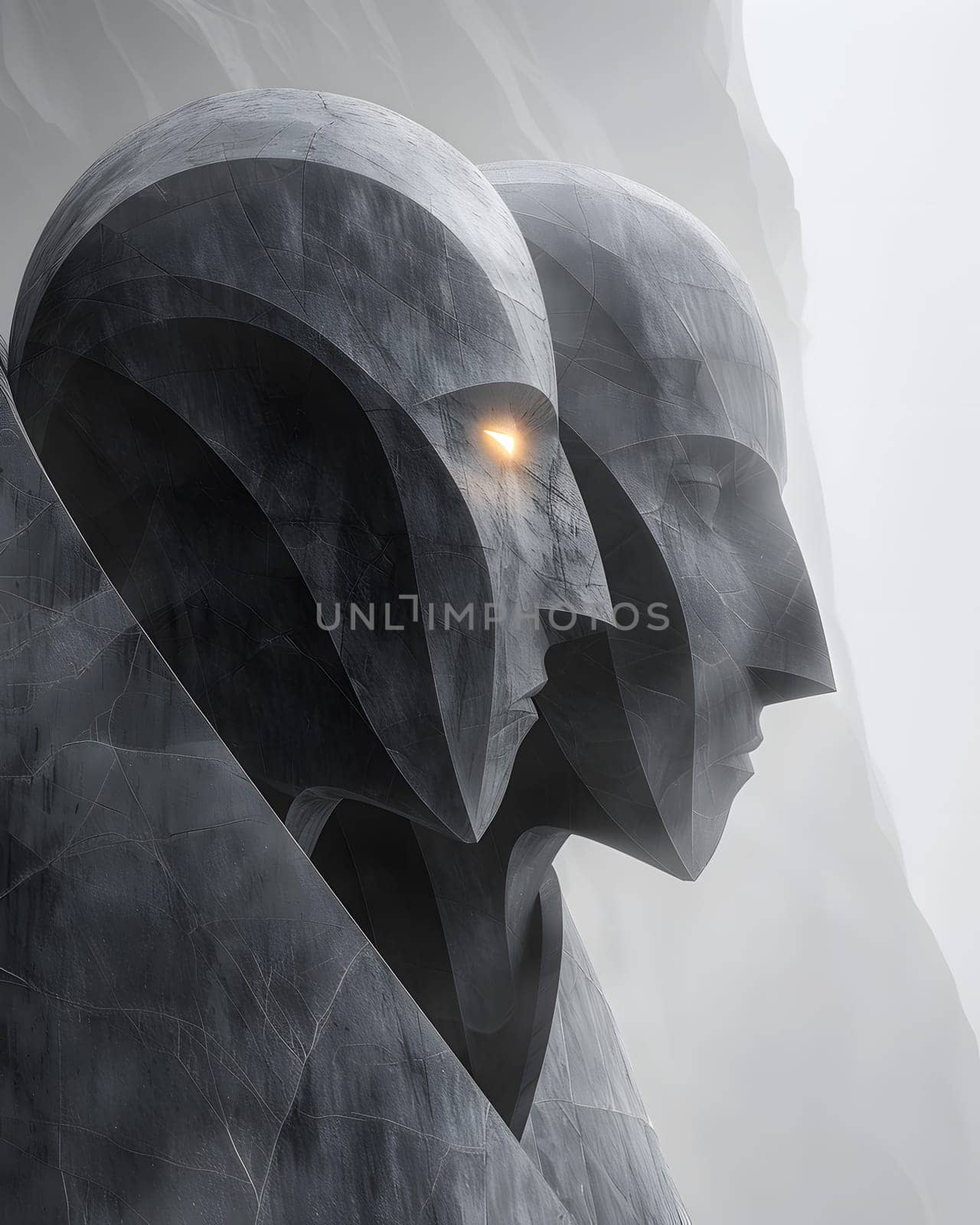 Two enigmatic stone faces with a single glowing eye in mystical atmosphere