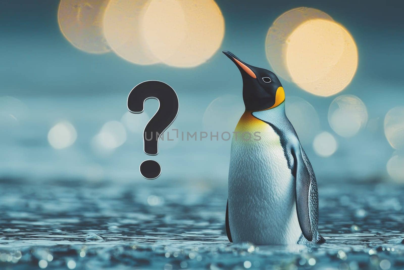 curious penguin standing in water with question mark nearby.