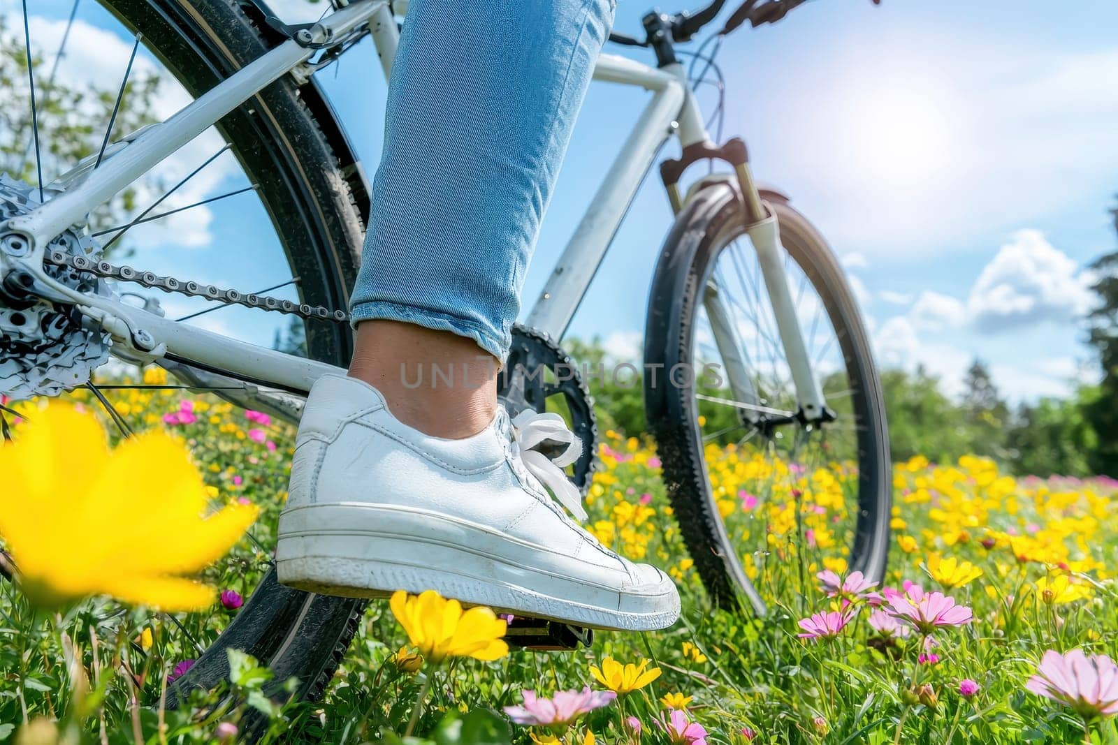 A woman pedals her bike through a vibrant flower field under a sunny sky. The close-up view highlights her foot on the pedal, capturing the essence of outdoor adventure and leisure.