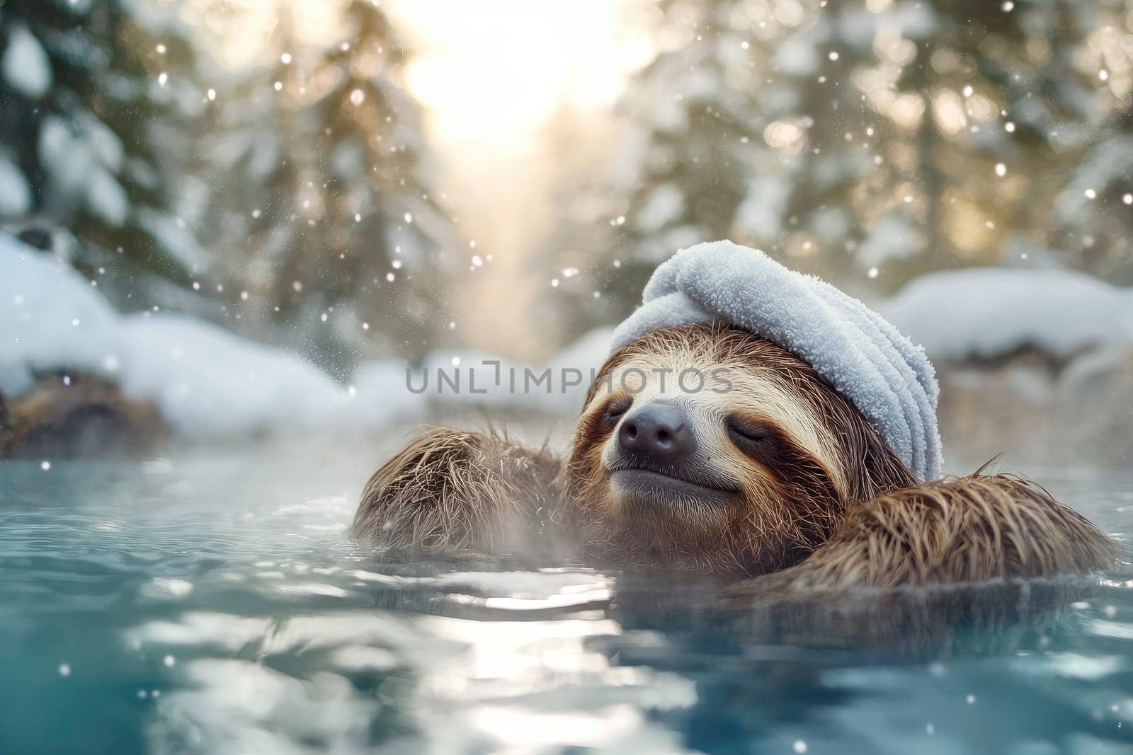 relaxed furry sloth enjoying warm bath in snowy landscape.