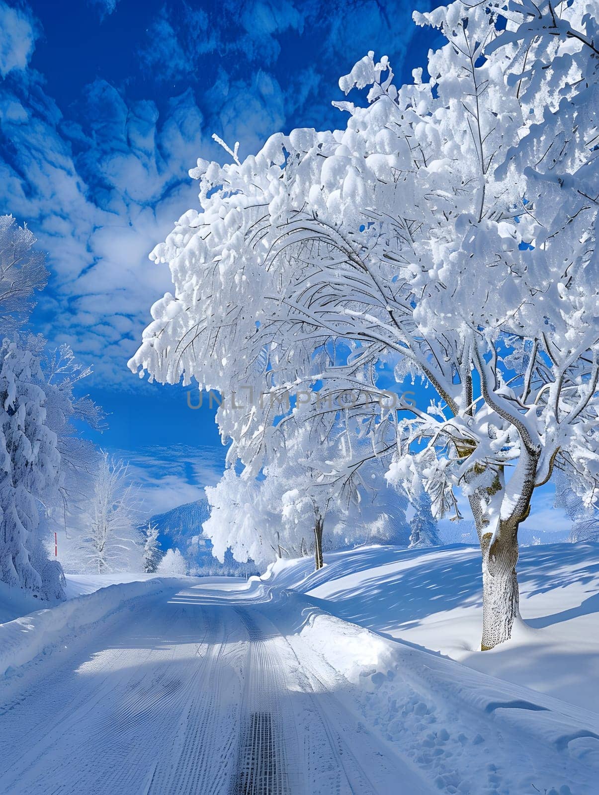 Snow-covered trees and a path under clear blue sky, creating a winter wonderland scene