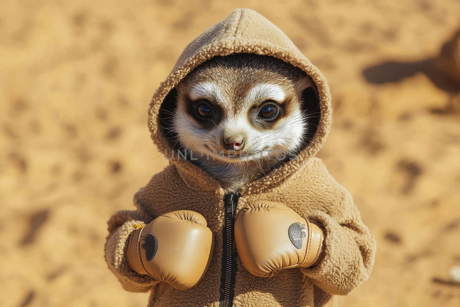 A curious meerkat dressed in a tan hooded coat and boxing gloves stands playfully in a sandy desert environment, showcasing its unique personality.