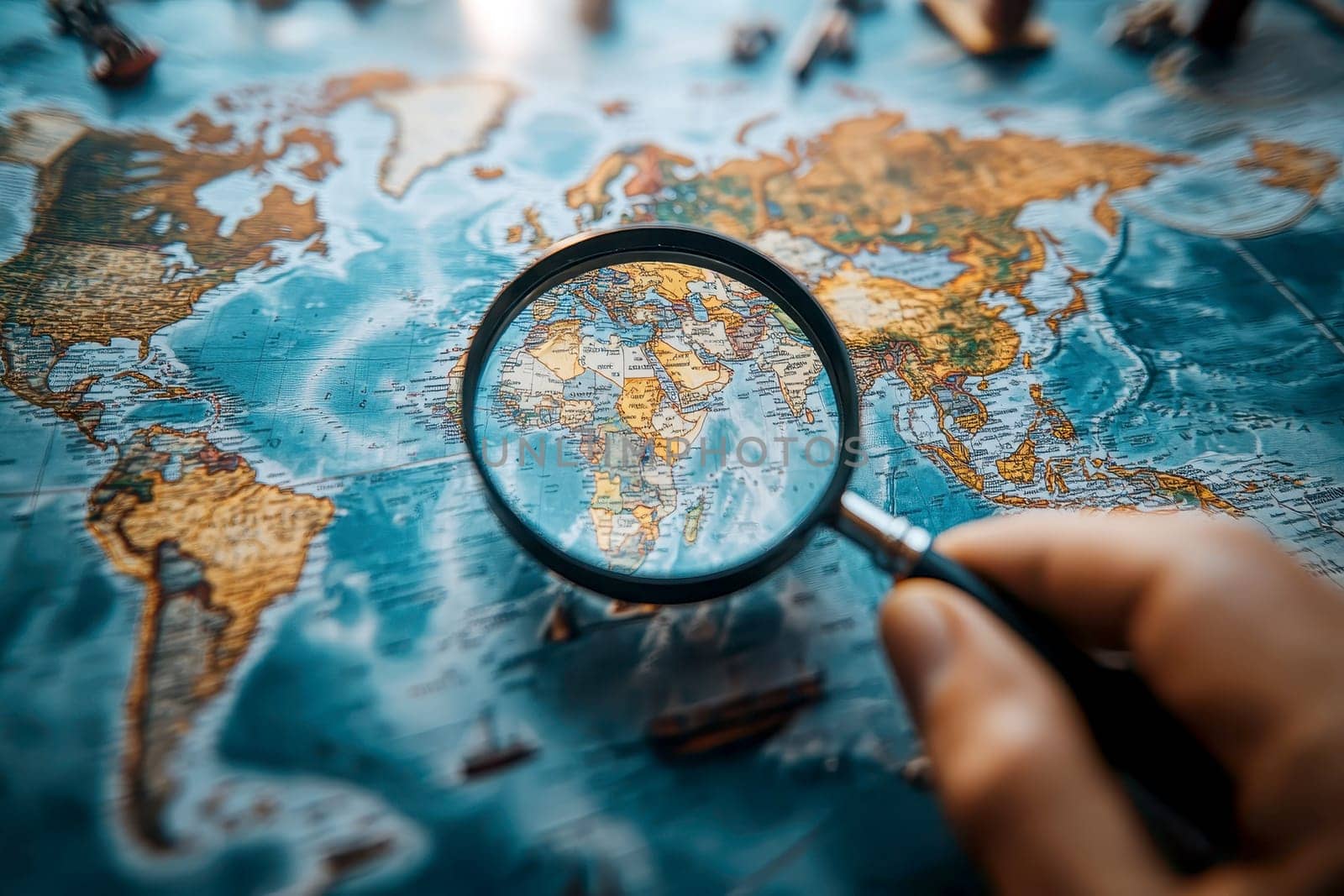A hand holding a magnifying glass over a map, representing detailed focus and precision in business execution, with soft natural lighting filtering through a window.