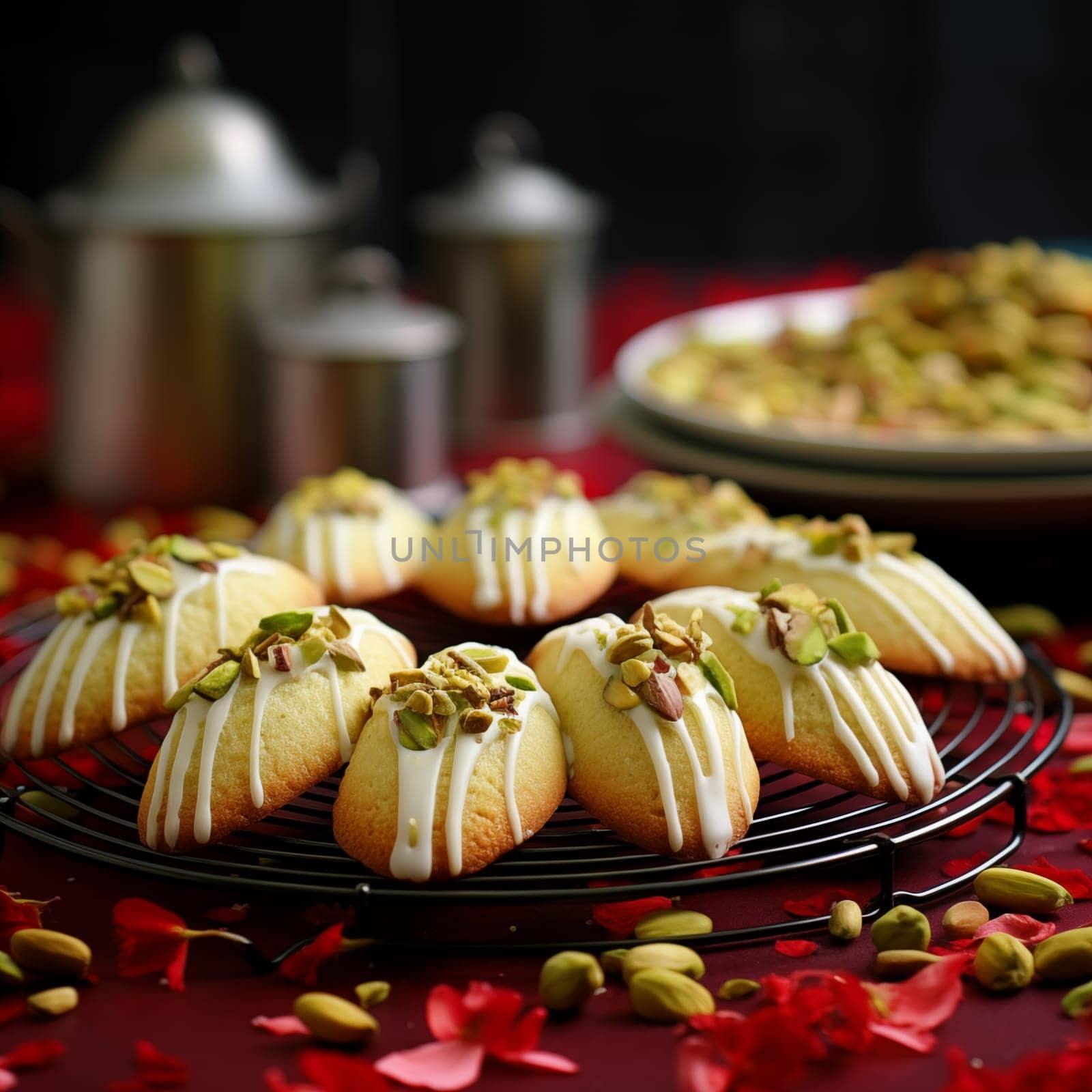 A plate of cookies with white icing and pistachios sits elegantly, inviting a taste of sweet and nutty flavors. The cookies are artfully decorated and ready to delight any dessert lover.