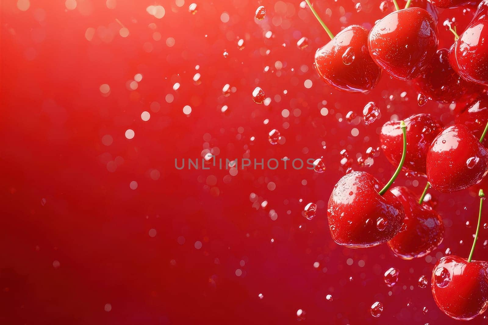 A captivating image featuring a bunch of floating cherries against a vibrant red background, enhanced with droplets of water for a fresh and lively feel.