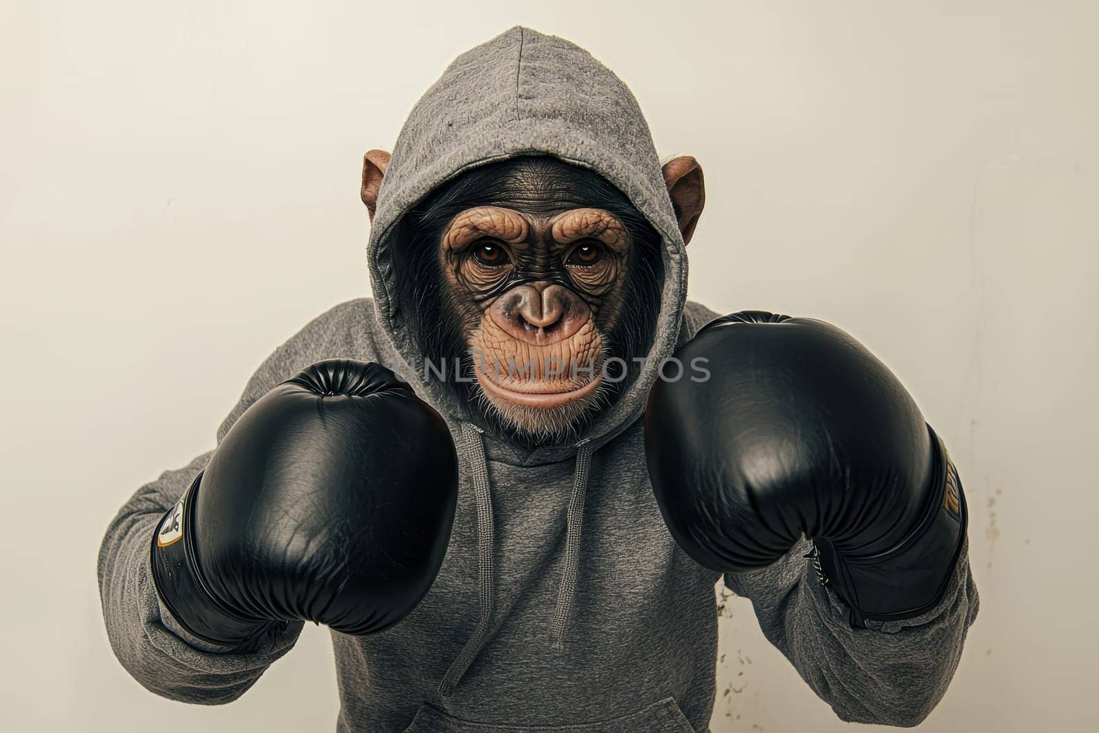 A determined chimpanzee in a hooded sweatshirt and black boxing gloves poses with a fierce expression, highlighting its playful yet strong character in a studio setting.