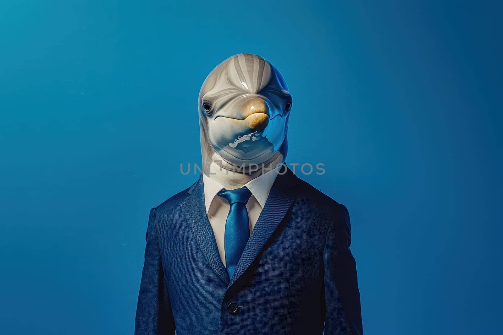 An imaginative portrait of a bottlenose dolphin dressed in a navy suit and tie, set against a vibrant blue background, blending whimsy and elegance.