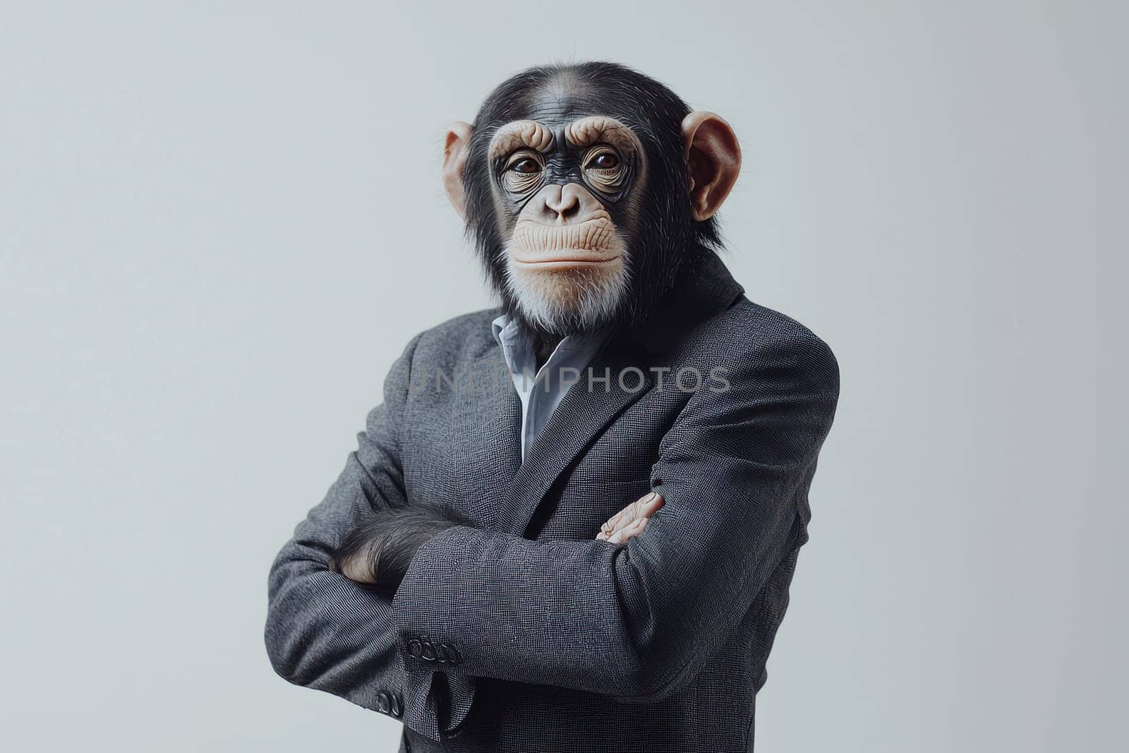 A determined chimpanzee dressed in a smart grey business suit, exuding confidence and professionalism. Perfect for creative projects and humorous concepts.