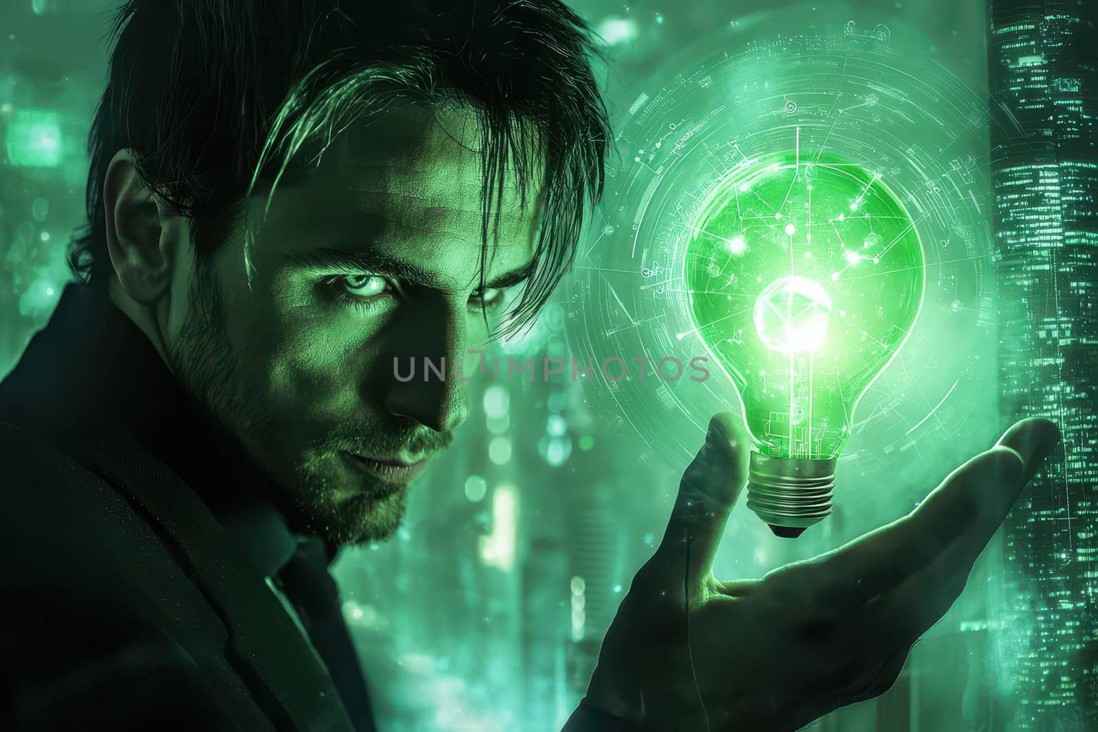 A focused businessman gazes intently at a glowing green light bulb, representing innovation and inspiration, set against a modern city backdrop.