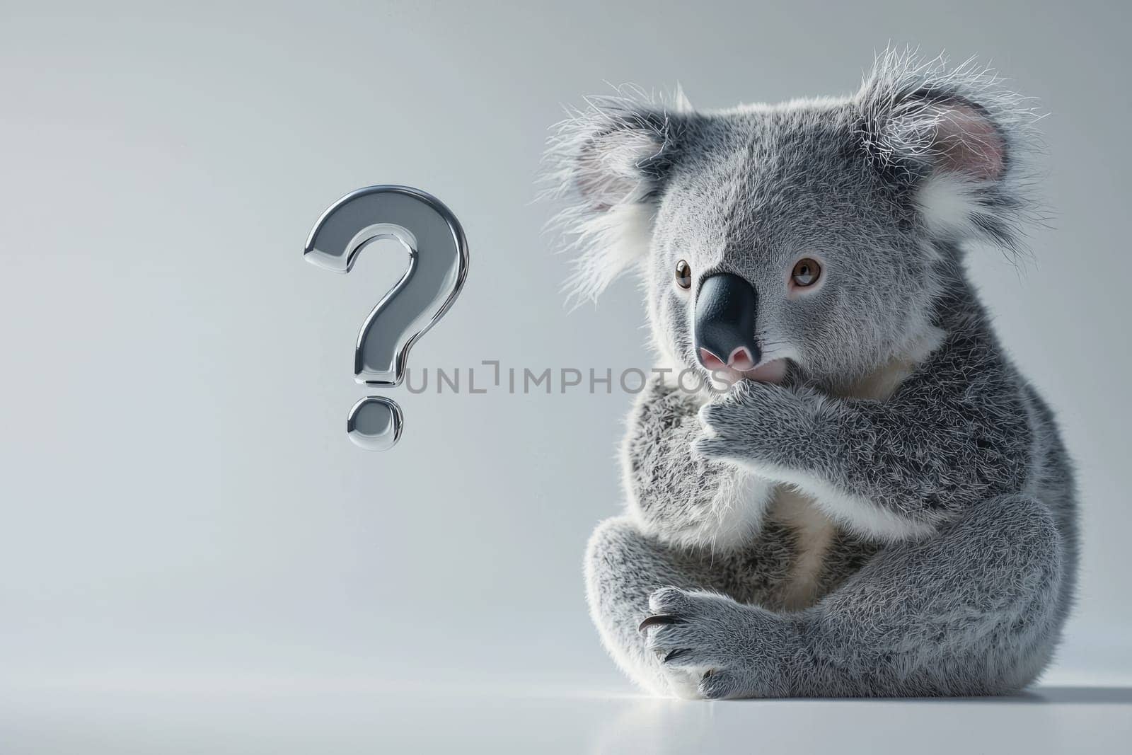 Cute koala sitting with question mark, expressing curiosity and wonder.