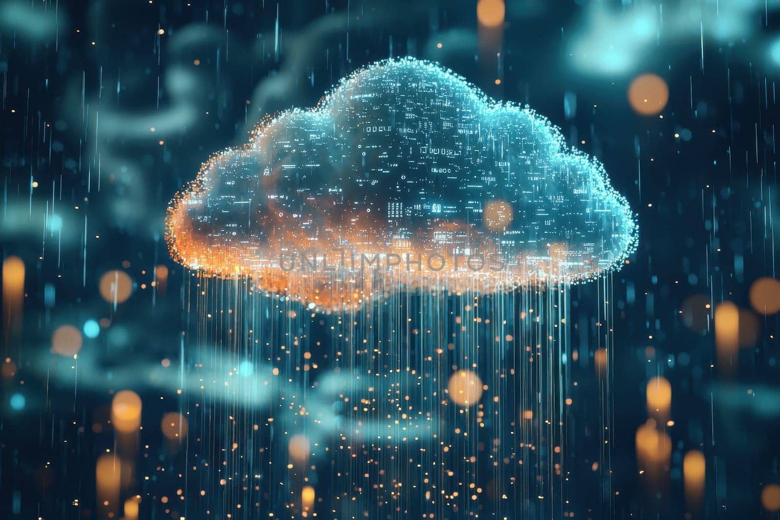 A surreal digital representation of a cloud computing concept, featuring a glowing cloud with data rain. This image conveys themes of technology and abstract data visualization.