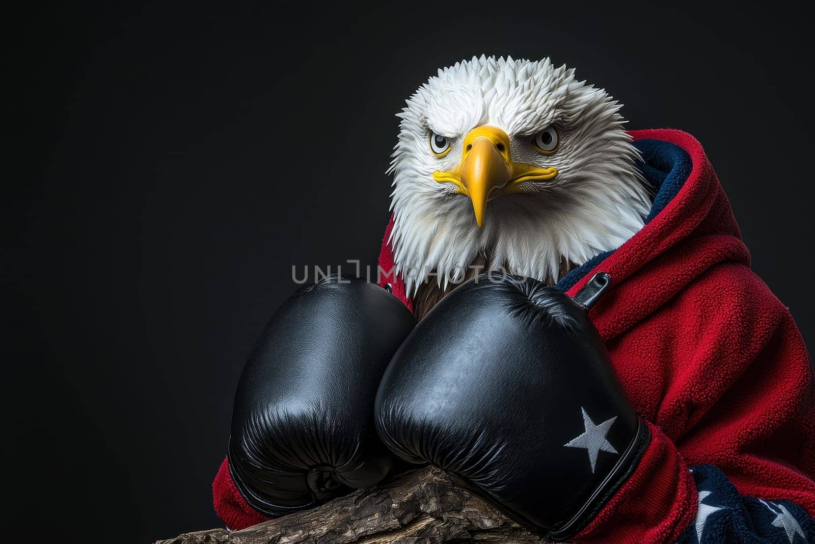 A majestic bald eagle in boxing gloves exudes strength and personality. This striking portrait captures a unique combination of nature and sport, perfect for creative projects.
