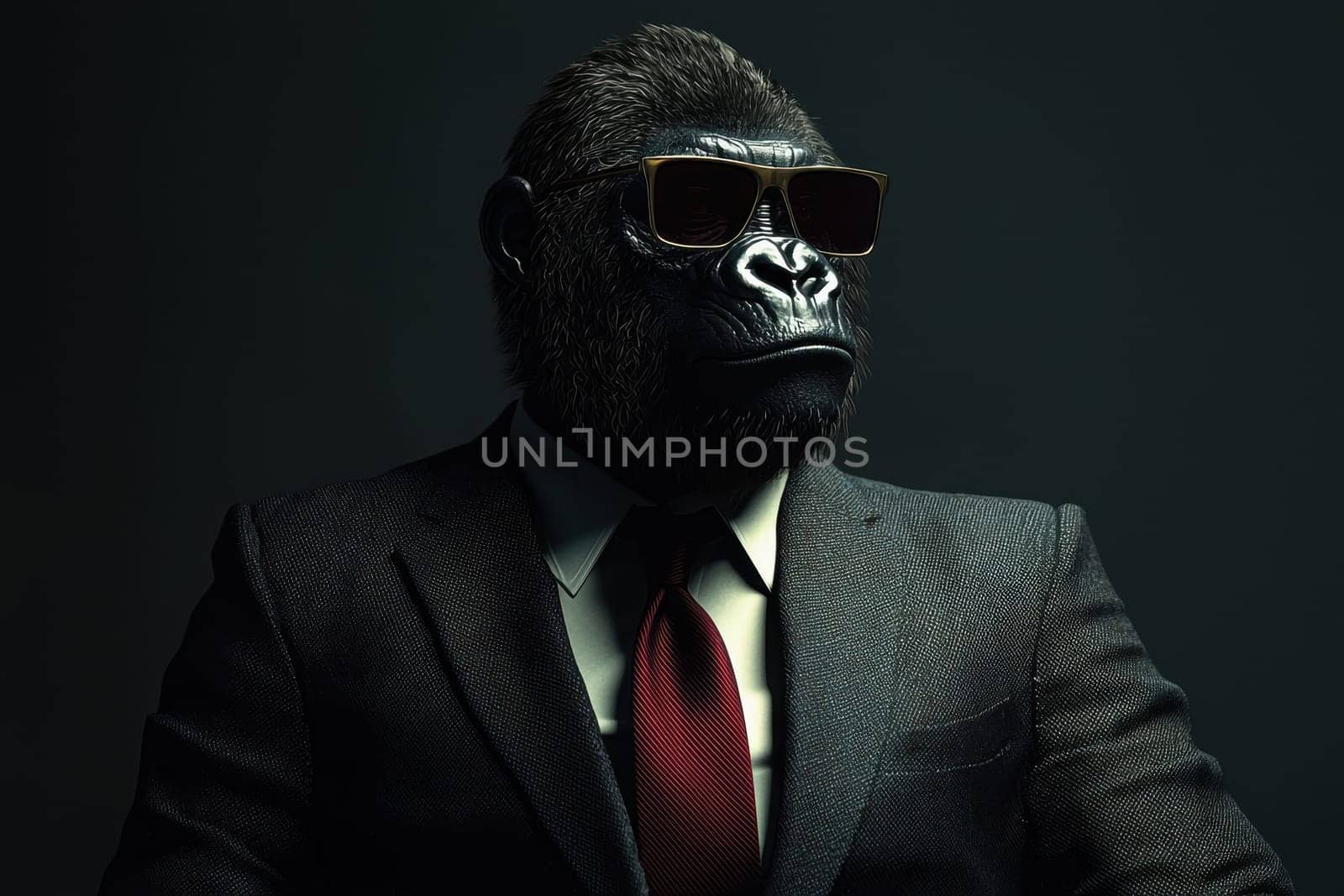 A striking portrait of a gorilla dressed in a bespoke three-piece suit and sunglasses, exuding confidence and style. This unique image combines humor with sophistication, perfect for diverse creative projects.