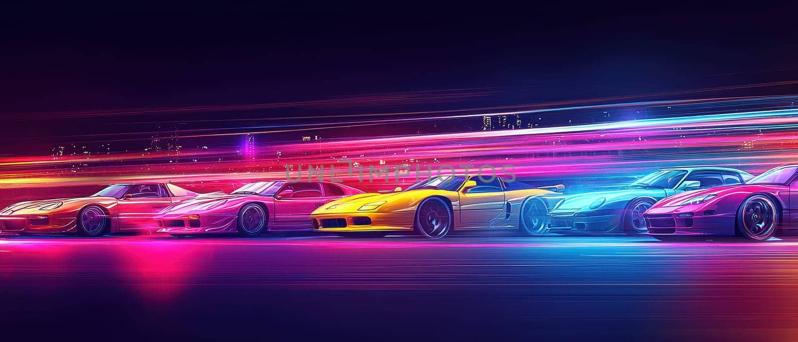A vibrant and surreal car show poster showcasing speeding vehicles with dynamic lights and colors, capturing energy and excitement in a modern design.