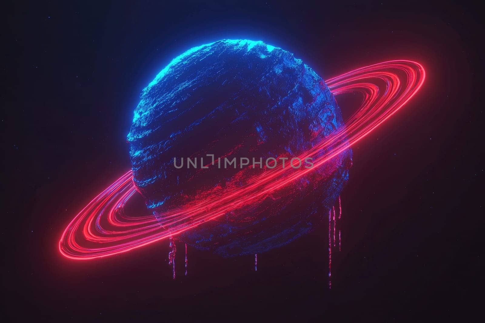 Glowing planet with neon rings in dark space background.