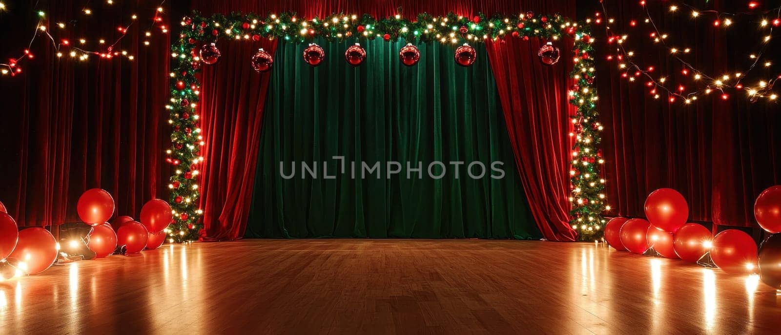 A vibrant stage setting featuring red and green curtains adorned with garland and festive lights, perfect for holiday events and celebrations.